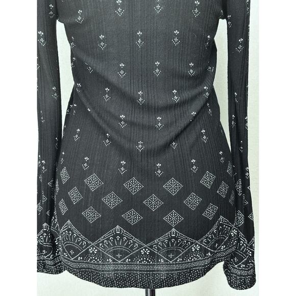 Lucky Brand Top Womens S Black Geometric Tie V-Neck Viscose Boho Peasant Blouse - Picture 7 of 16